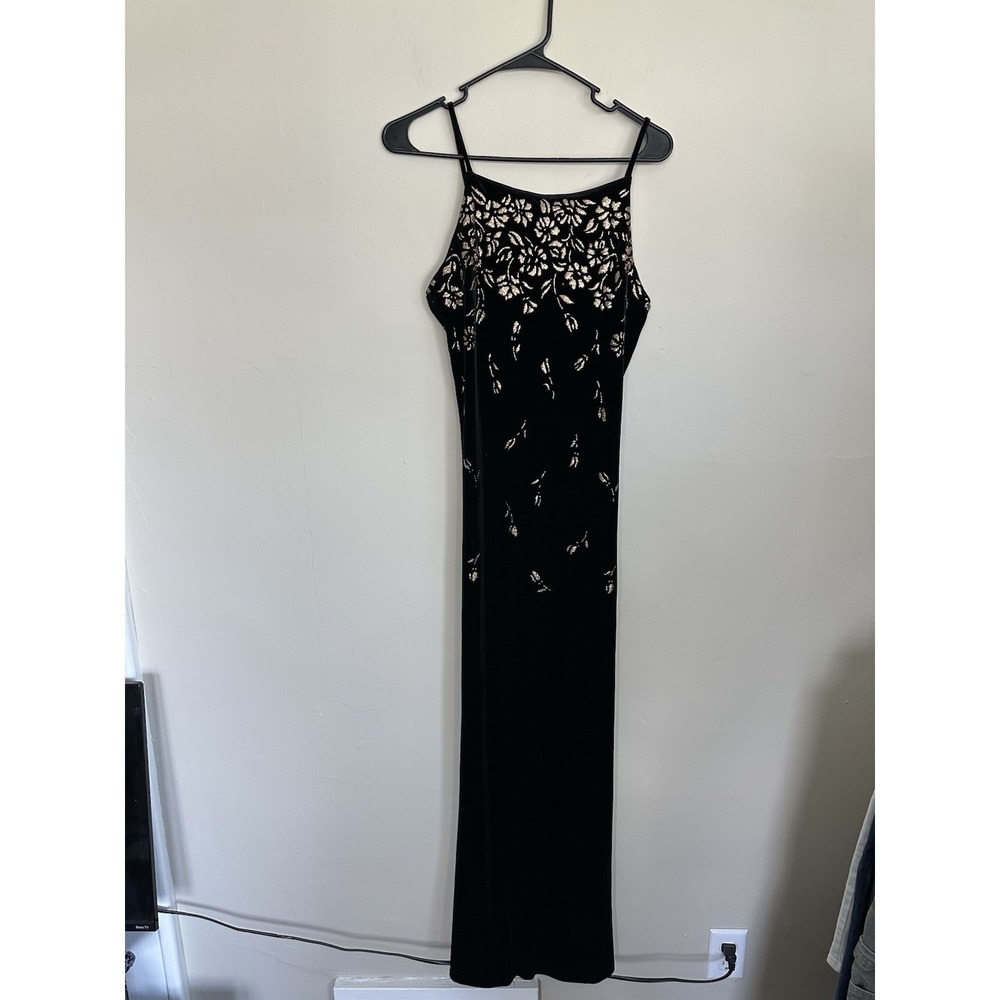 VTG 90s Y2K M/L Backless Black Velvet Euro Dress Embroidered Formal Fairy Maxi‎